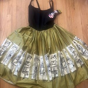 Black and Olive Green Dress with Illustrated Skirt